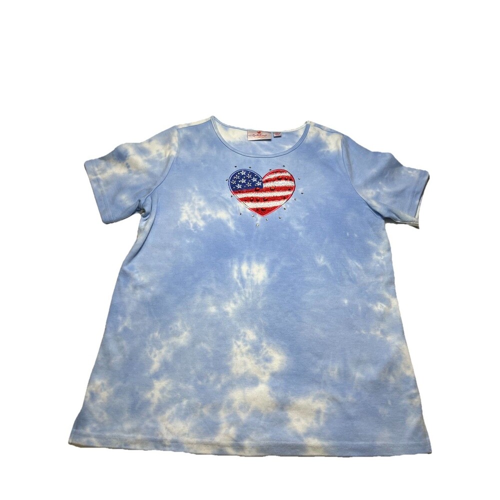 Quacker Factory‎ Americana Tie Dye Heart Tee Womens Small Rhinestone USA Shirt